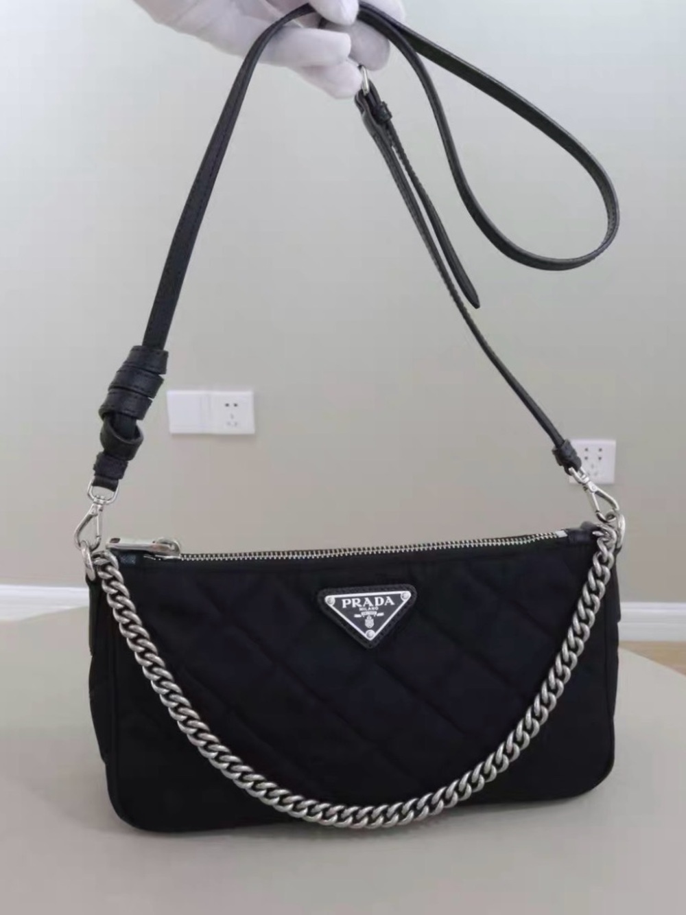 Prada Black Quilted Crossbody Bag with Silver Chain